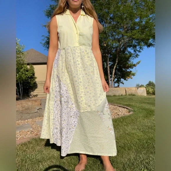Handmade yellow and green patchwork Cottagecore cotton dress - Picture 11 of 12